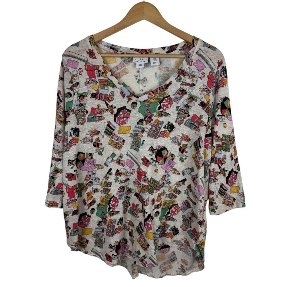 Nicole Miller 100% Linen Top Sz 1X Beach Print Colorful V-Neck 3/4 Sleeve Blouse